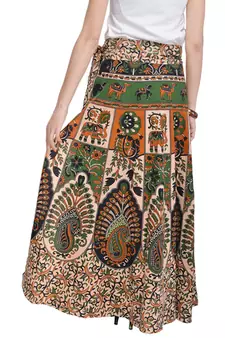 Beige Bagru Printed Cotton Wrap Around Long Skirt