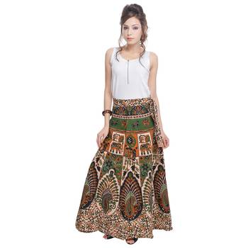 Beige Bagru Printed Cotton Wrap Around Long Skirt 3