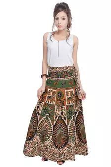 Beige Bagru Printed Cotton Wrap Around Long Skirt