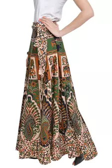 Beige Bagru Printed Cotton Wrap Around Long Skirt