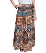 Beige Bagru Printed Cotton Wrap Around Long Skirt