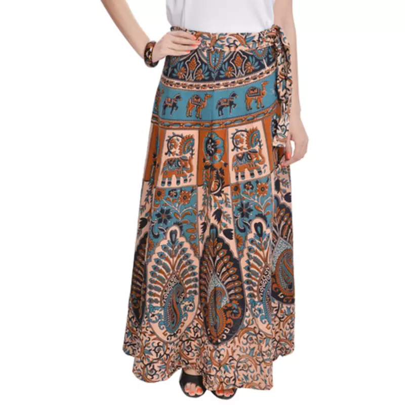 Beige Bagru Printed Cotton Wrap Around Long Skirt