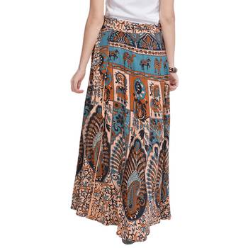 Beige Bagru Printed Cotton Wrap Around Long Skirt 2