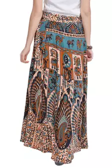 Beige Bagru Printed Cotton Wrap Around Long Skirt