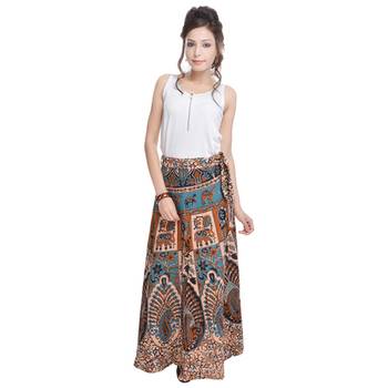 Beige Bagru Printed Cotton Wrap Around Long Skirt 3