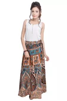 Beige Bagru Printed Cotton Wrap Around Long Skirt