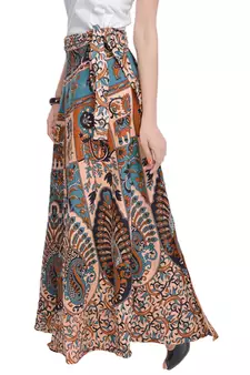 Beige Bagru Printed Cotton Wrap Around Long Skirt