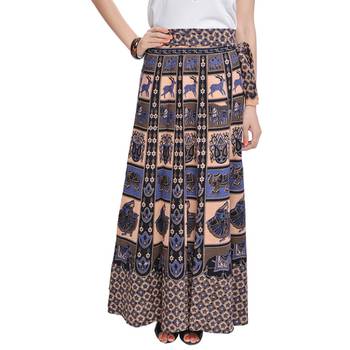 Beige Bagru Printed Cotton Wrap Around Long Skirt 1