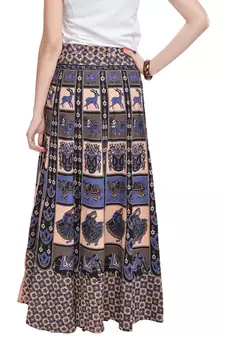 Beige Bagru Printed Cotton Wrap Around Long Skirt