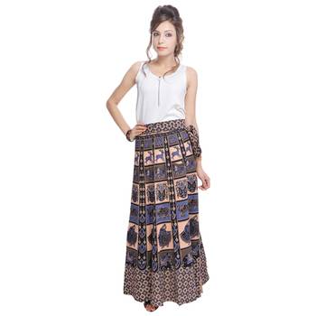 Beige Bagru Printed Cotton Wrap Around Long Skirt 3