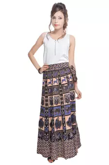 Beige Bagru Printed Cotton Wrap Around Long Skirt