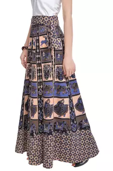 Beige Bagru Printed Cotton Wrap Around Long Skirt