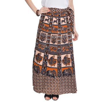Beige Bagru Printed Cotton Wrap Around Long Skirt 1