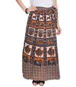 Beige Bagru Printed Cotton Wrap Around Long Skirt