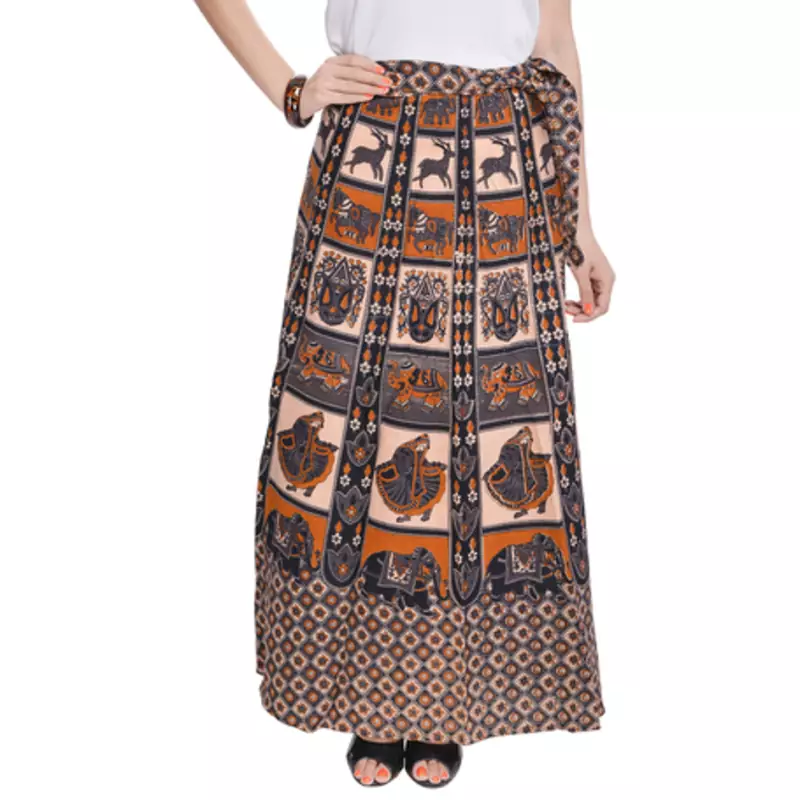 Beige Bagru Printed Cotton Wrap Around Long Skirt