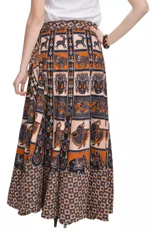 Beige Bagru Printed Cotton Wrap Around Long Skirt
