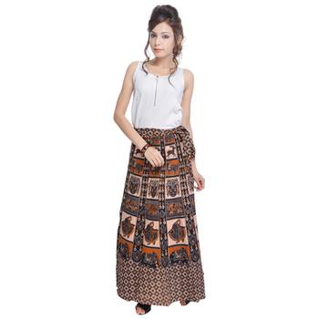 Beige Bagru Printed Cotton Wrap Around Long Skirt 3