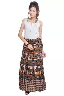 Beige Bagru Printed Cotton Wrap Around Long Skirt