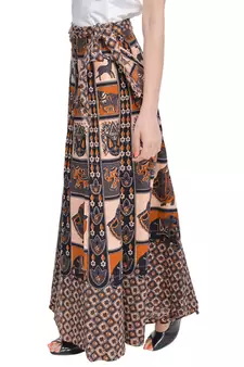 Beige Bagru Printed Cotton Wrap Around Long Skirt