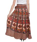 Beige Bagru Printed Cotton Wrap Around Long Skirt