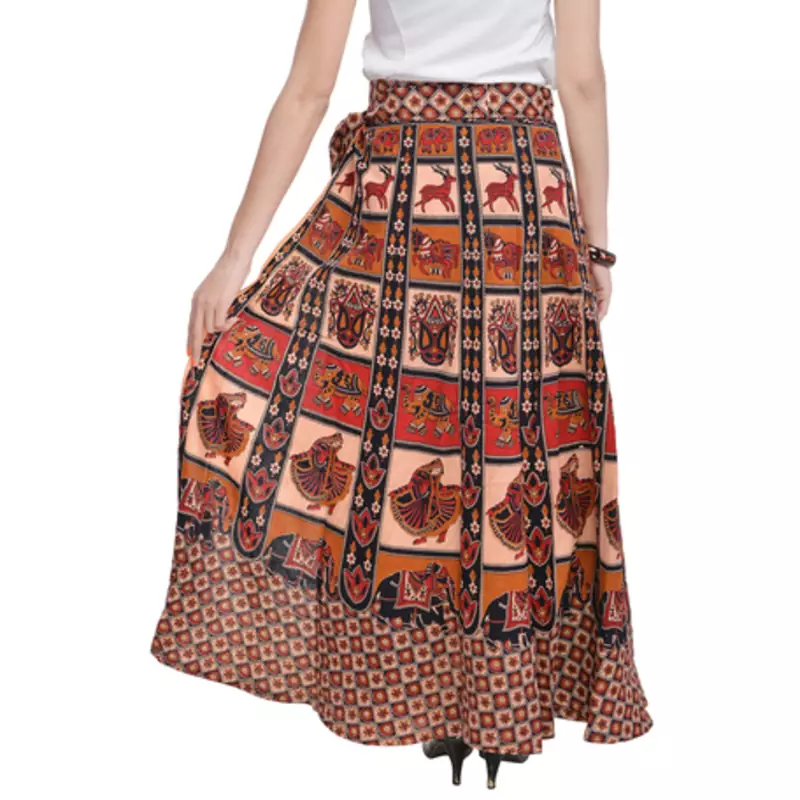Beige Bagru Printed Cotton Wrap Around Long Skirt