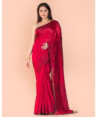 Red Sequins Handwoven Matka Silk Saree 1