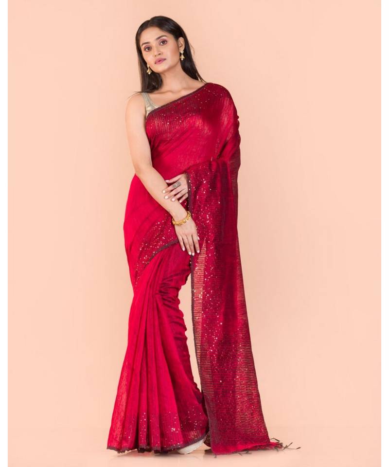 Red Sequins Handwoven Matka Silk Saree