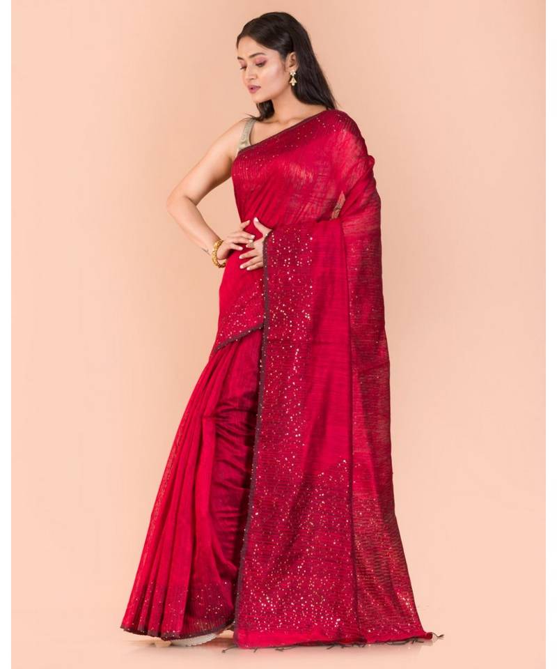Red Sequins Handwoven Matka Silk Saree