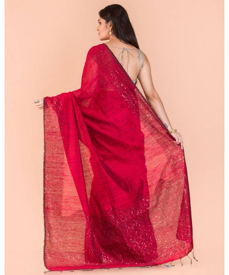 Red Sequins Handwoven Matka Silk Saree
