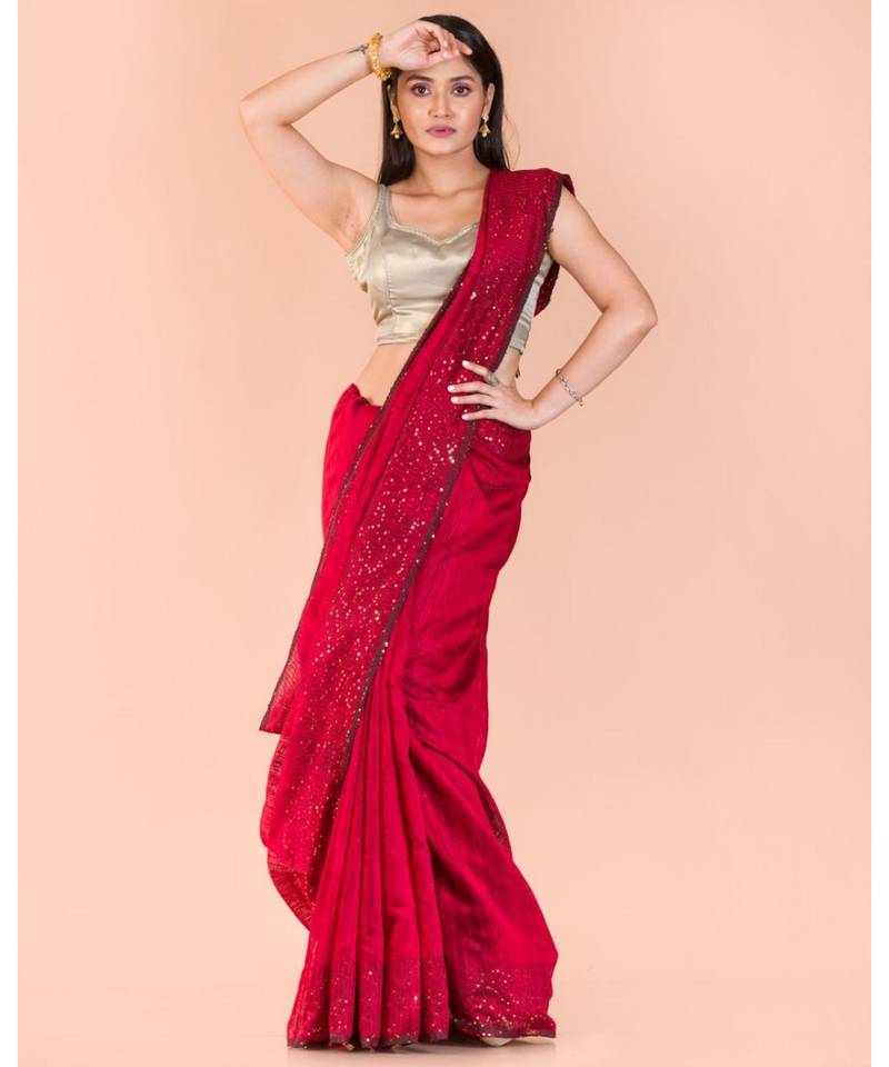 Red Sequins Handwoven Matka Silk Saree
