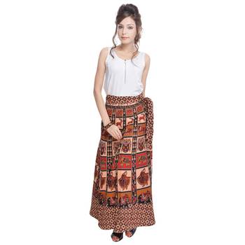 Beige Bagru Printed Cotton Wrap Around Long Skirt 2