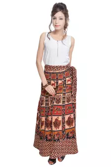 Beige Bagru Printed Cotton Wrap Around Long Skirt