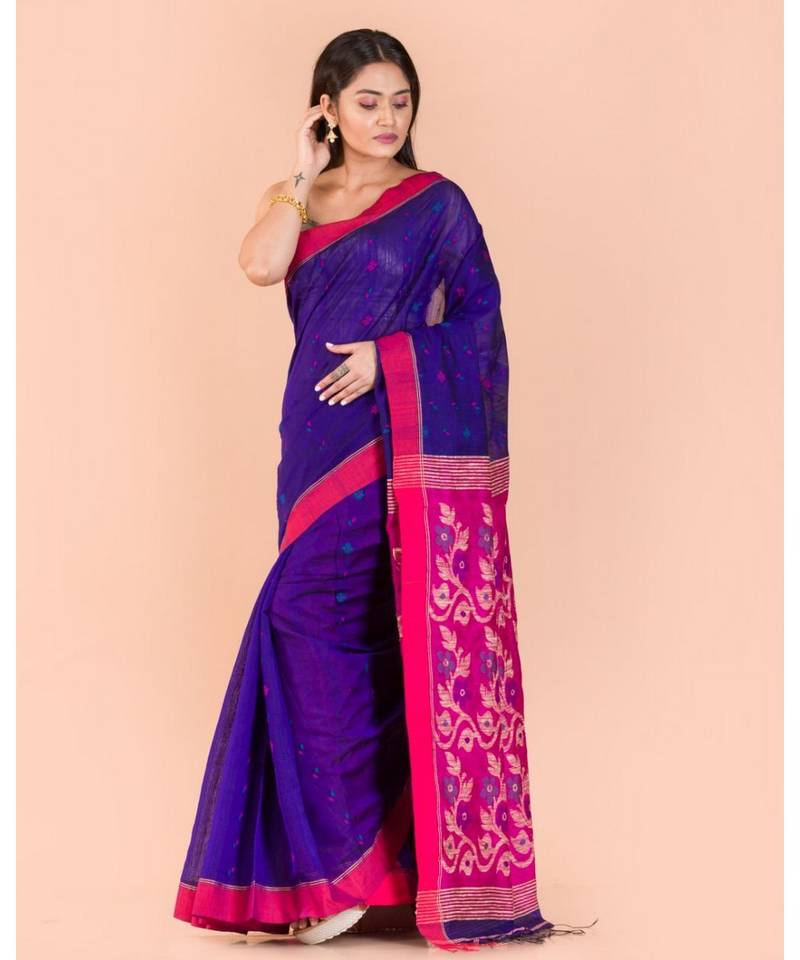 Blue Blended Cotton Jamdani Saree