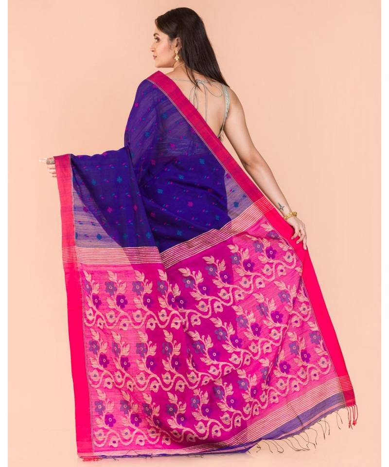 Blue Blended Cotton Jamdani Saree