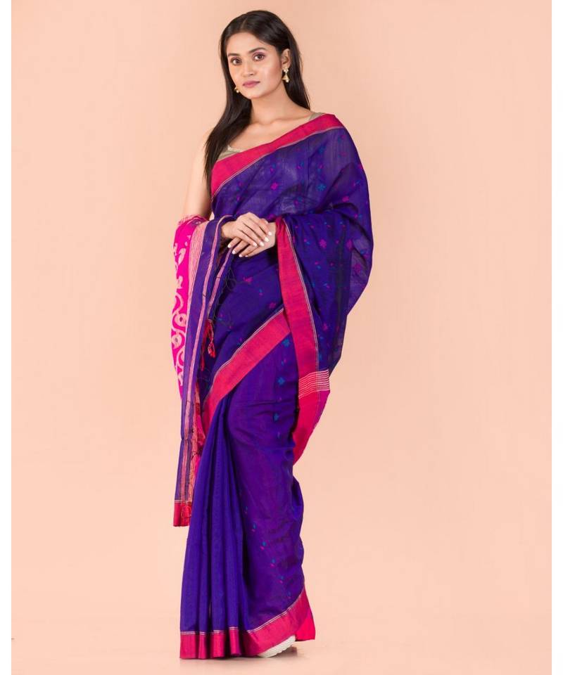 Blue Blended Cotton Jamdani Saree