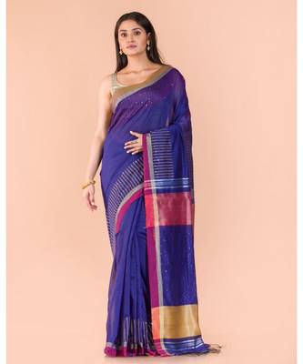 Blue Handwoven Blended Cotton Saree 1