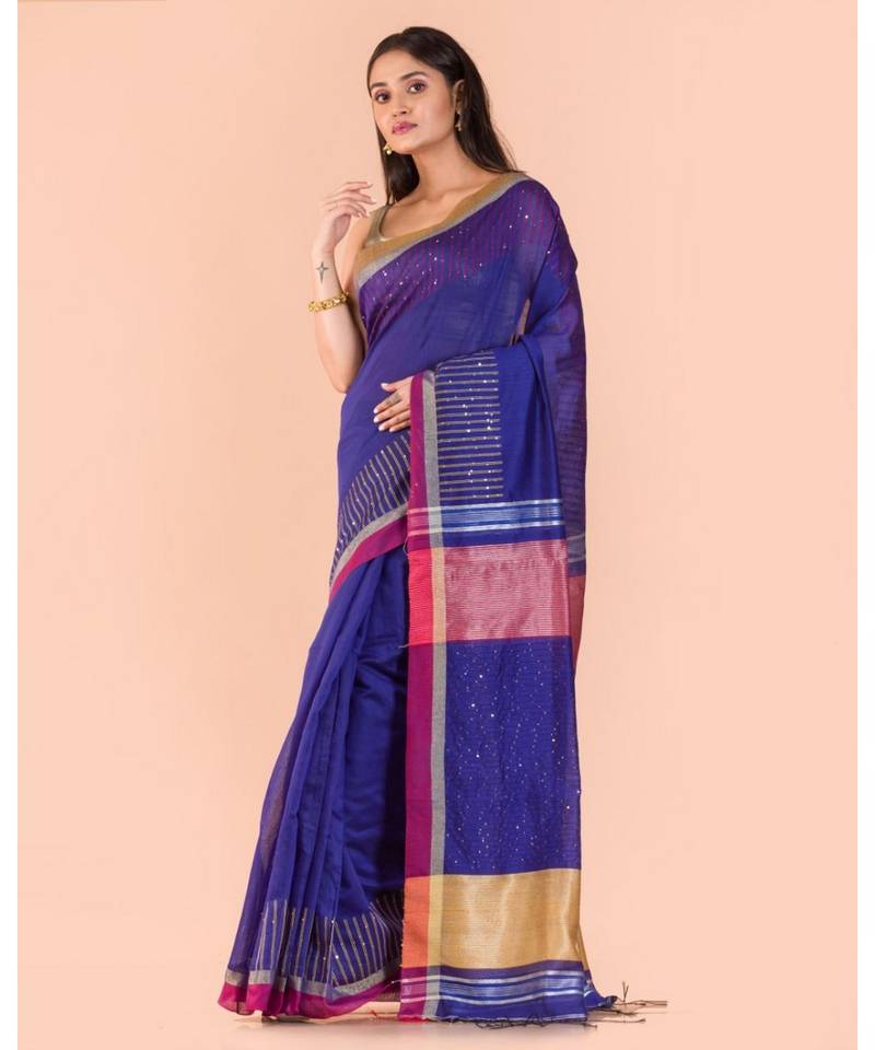 Blue Handwoven Blended Cotton Saree