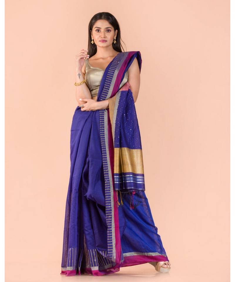 Blue Handwoven Blended Cotton Saree