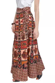 Beige Bagru Printed Cotton Wrap Around Long Skirt