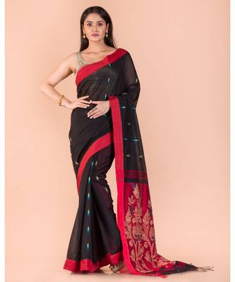 Black Blended Cotton Jamdani Saree 1
