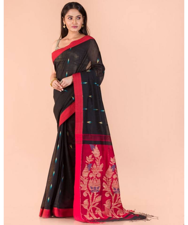 Black Blended Cotton Jamdani Saree
