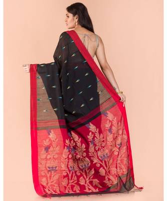 Black Blended Cotton Jamdani Saree 3