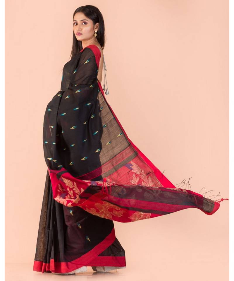 Black Blended Cotton Jamdani Saree
