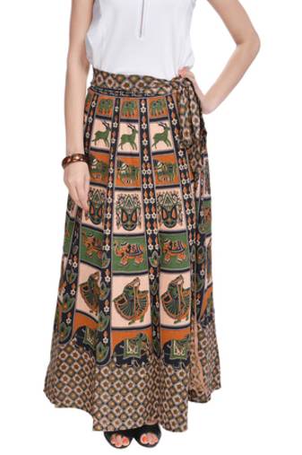 Beige Bagru Printed Cotton Wrap Around Long Skirt
