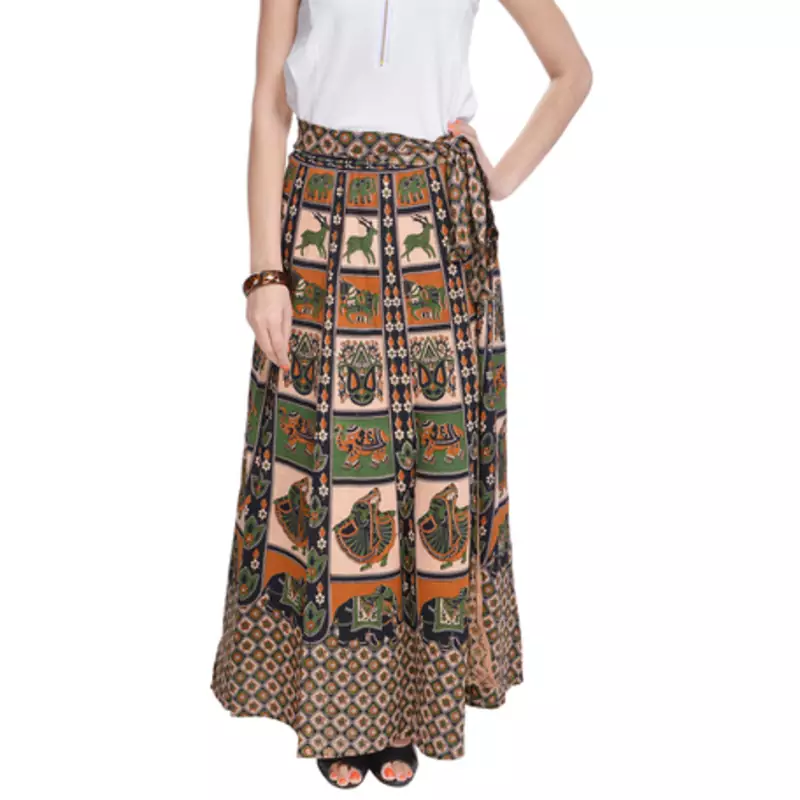 Beige Bagru Printed Cotton Wrap Around Long Skirt