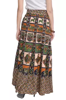 Beige Bagru Printed Cotton Wrap Around Long Skirt