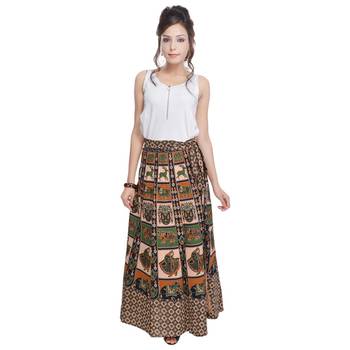 Beige Bagru Printed Cotton Wrap Around Long Skirt 3
