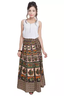 Beige Bagru Printed Cotton Wrap Around Long Skirt