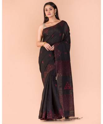 Black Sequins Handwoven Blended CottonSaree 1