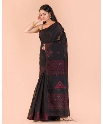 Black Sequins Handwoven Blended CottonSaree 2
